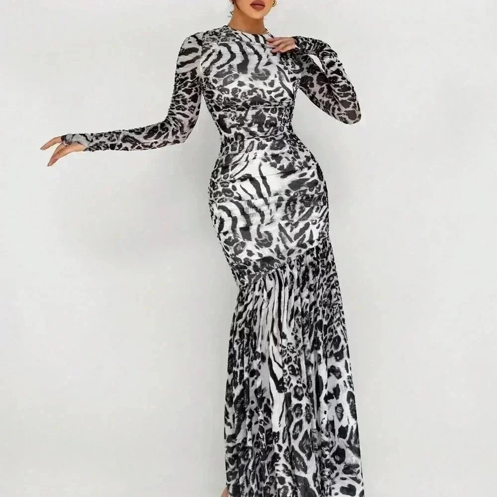 Grey Elegant Women's Mesh Leopard And Zebra Print Asymmetrical Hem Long Dress